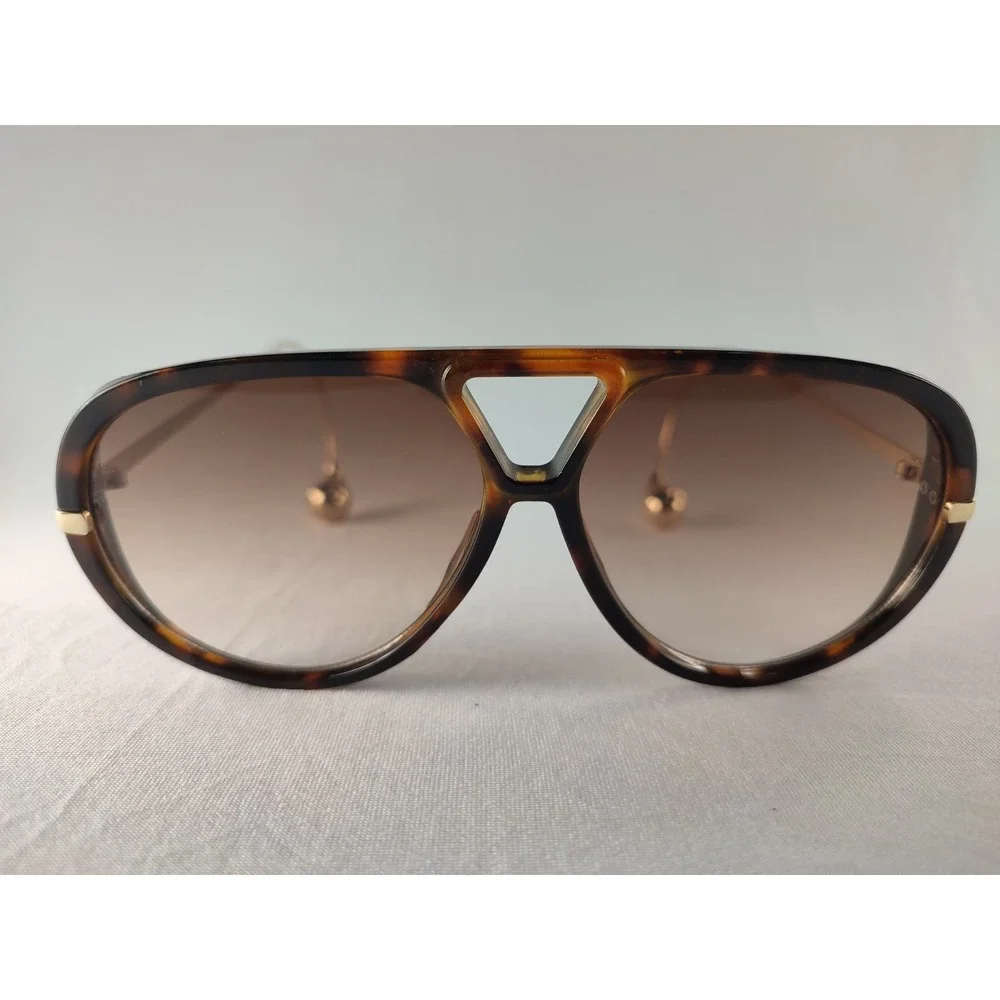 Women's Tortoise Shield Aviator Sunglasses‎ Gold Teardrop Temples Gradient Lens